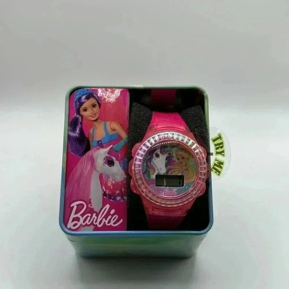 BARBIE DIGITAL WATCH PINK SPARKLING GEL BAND BLONDE BARBIE WITH UNICORN - Picture 1 of 4